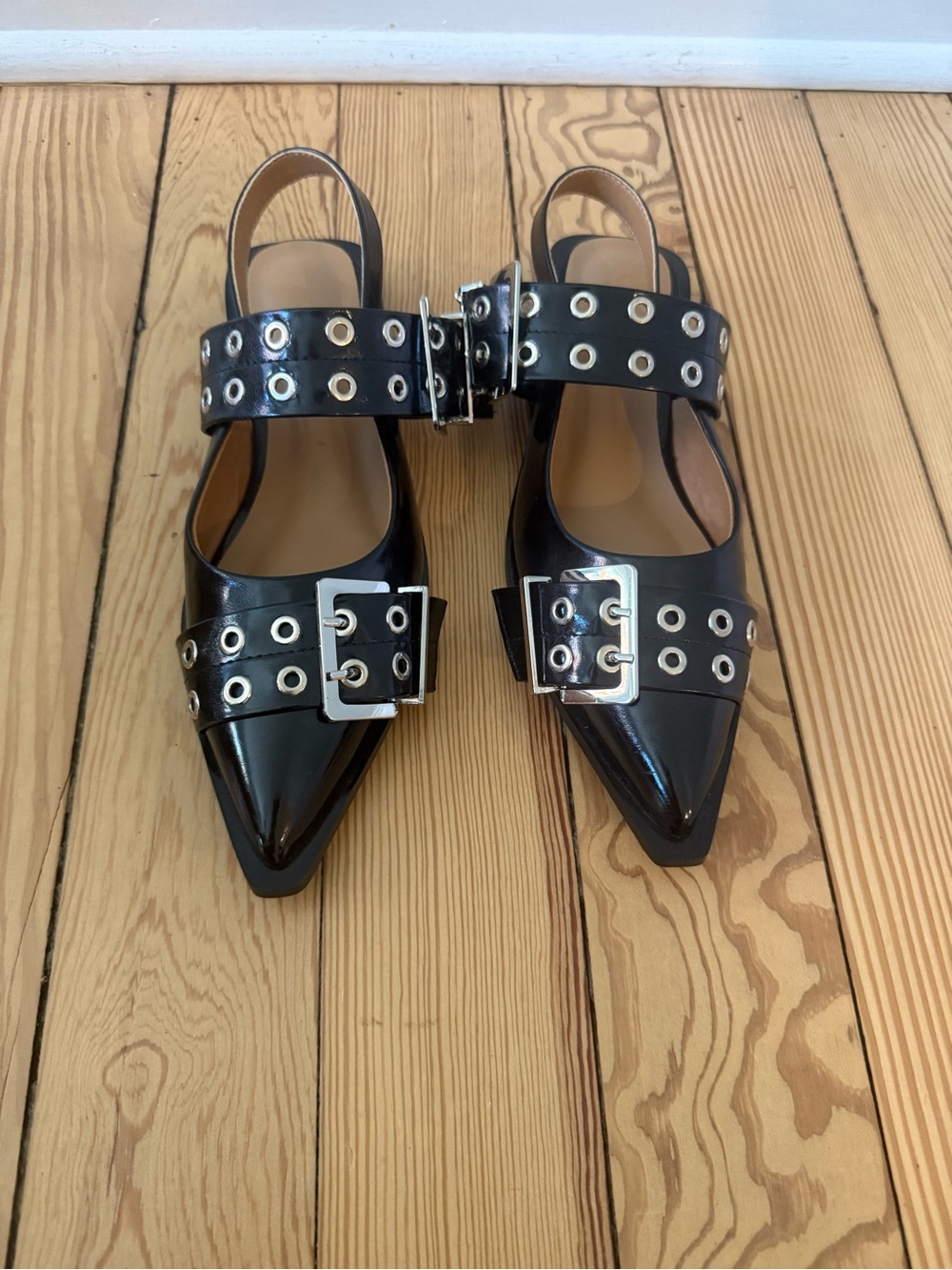 Black Patent Pointed-Toe Buckle Flats with Grommet Straps